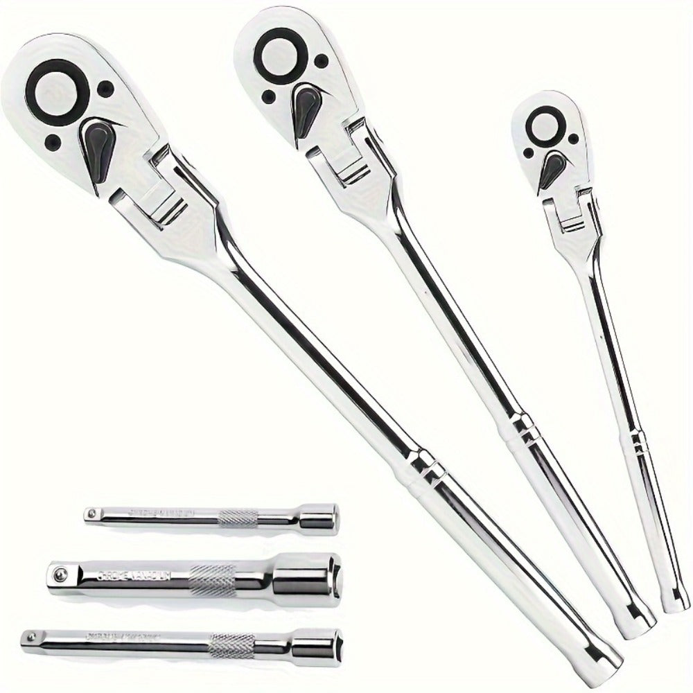 6-Piece Ratchet Wrench Set 1/4" 3/8" 1/2" Drive – Rotating Head Ratchet with Extension Bar, Chrome-Plated Stainless Steel — i