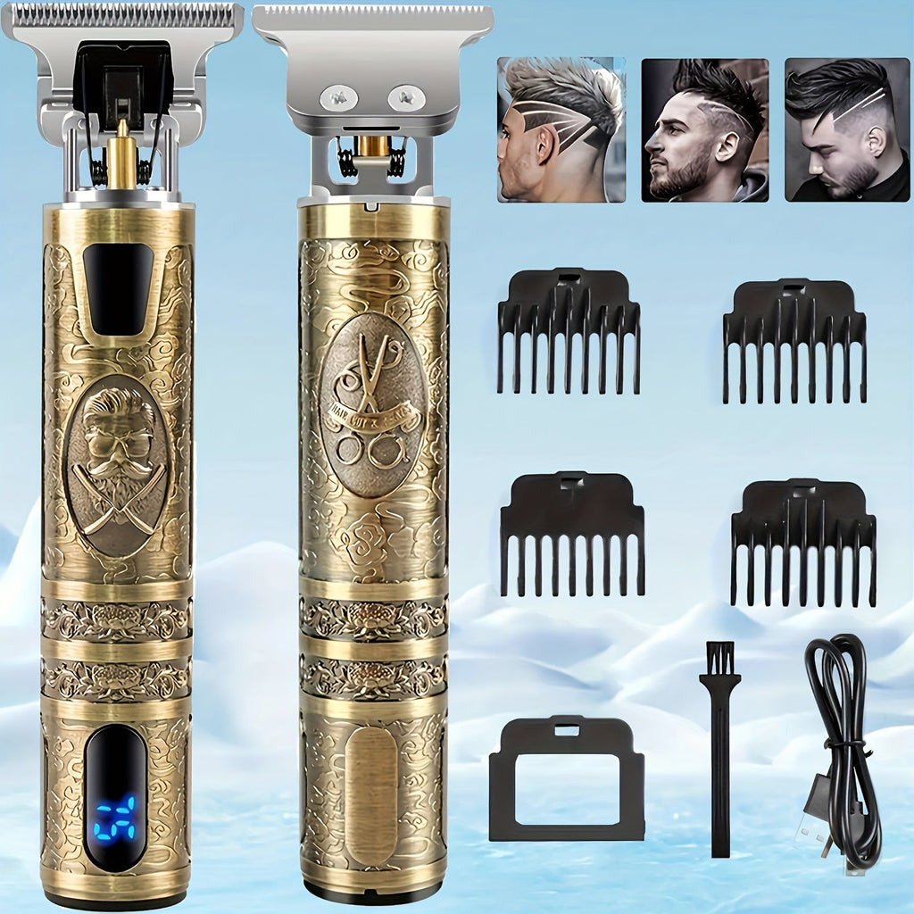 LED Hair Trimmer for Men – T-Blade USB Rechargeable 2000mAh, Vintage Dragon & Mustache Design, 4 Guide Combs, Cordless Precis