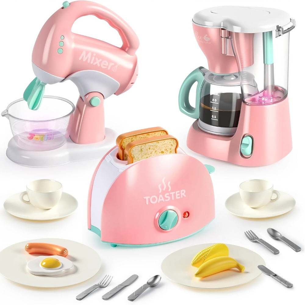 Kids Play Kitchen Toy Set with Realistic Coffee Maker, Toaster & Blender, 26PCS Pretend Play Kitchen Appliances for Toddlers 