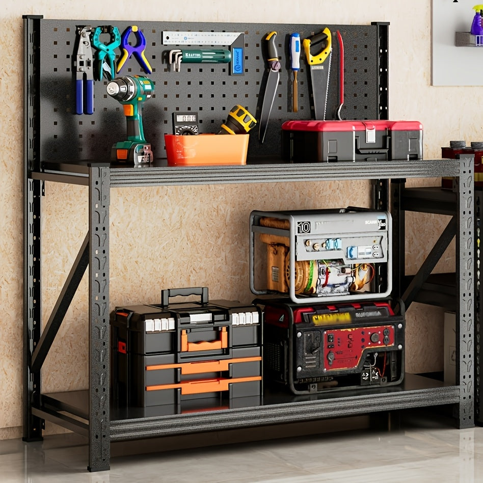 Four-Tier Metal Garage Storage Shelf with Wide Workbench Top and Lower Tool Organizer Space — image 1