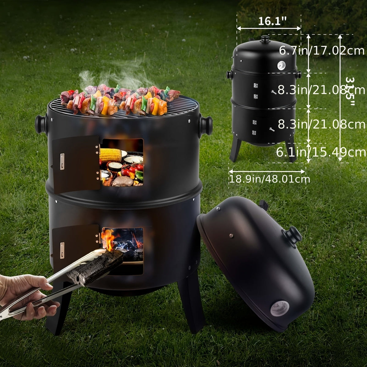 3-in-1 Barrel Charcoal Grill and Smoker with Two Access Doors, Top Vent, Thermometer and Upgrade Option — image 6
