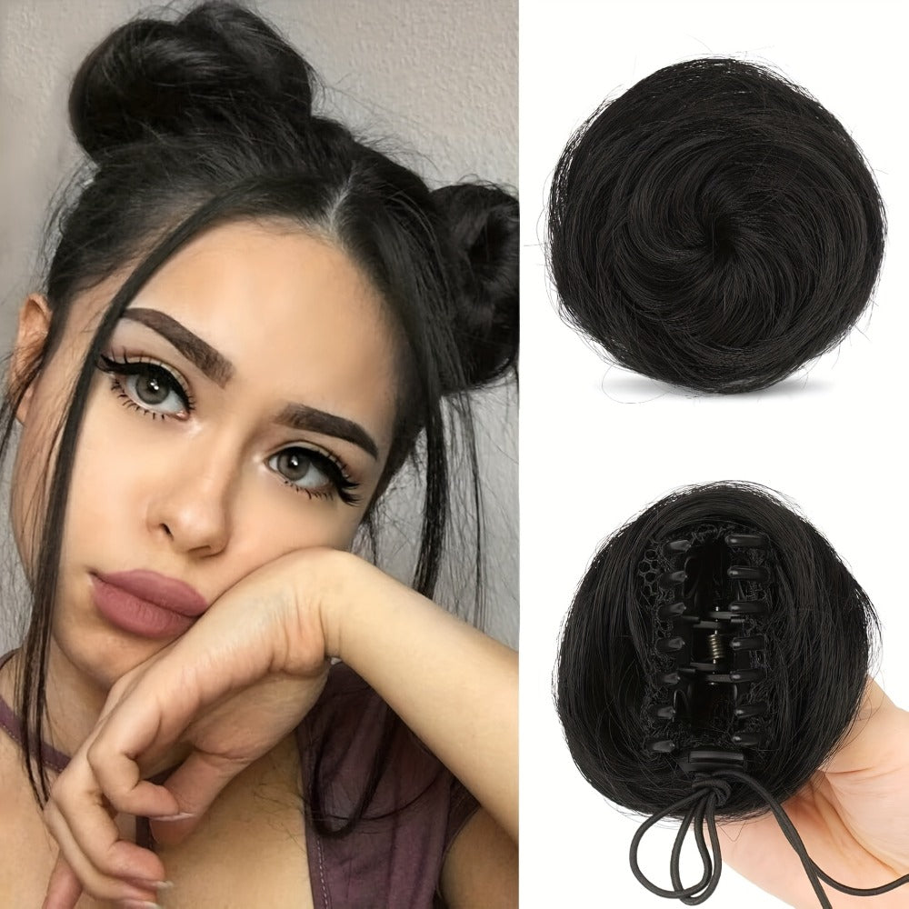 Mini Donut Bun Hairpiece with Cat Ears Claw Clip Messy Bun Synthetic Fiber Instant Updo – 2 Pcs Set for Women Girls All Hair 