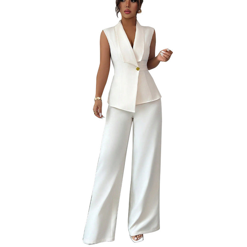 Solid Color Vest Straight-leg Trousers Suit For Women