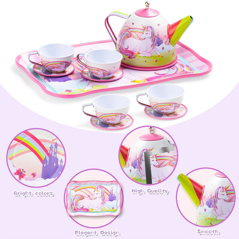 Pink Unicorn Tin Tea Set in Carry Case with Teapot, Four Cups, Four Saucers and Five Plates — image 5