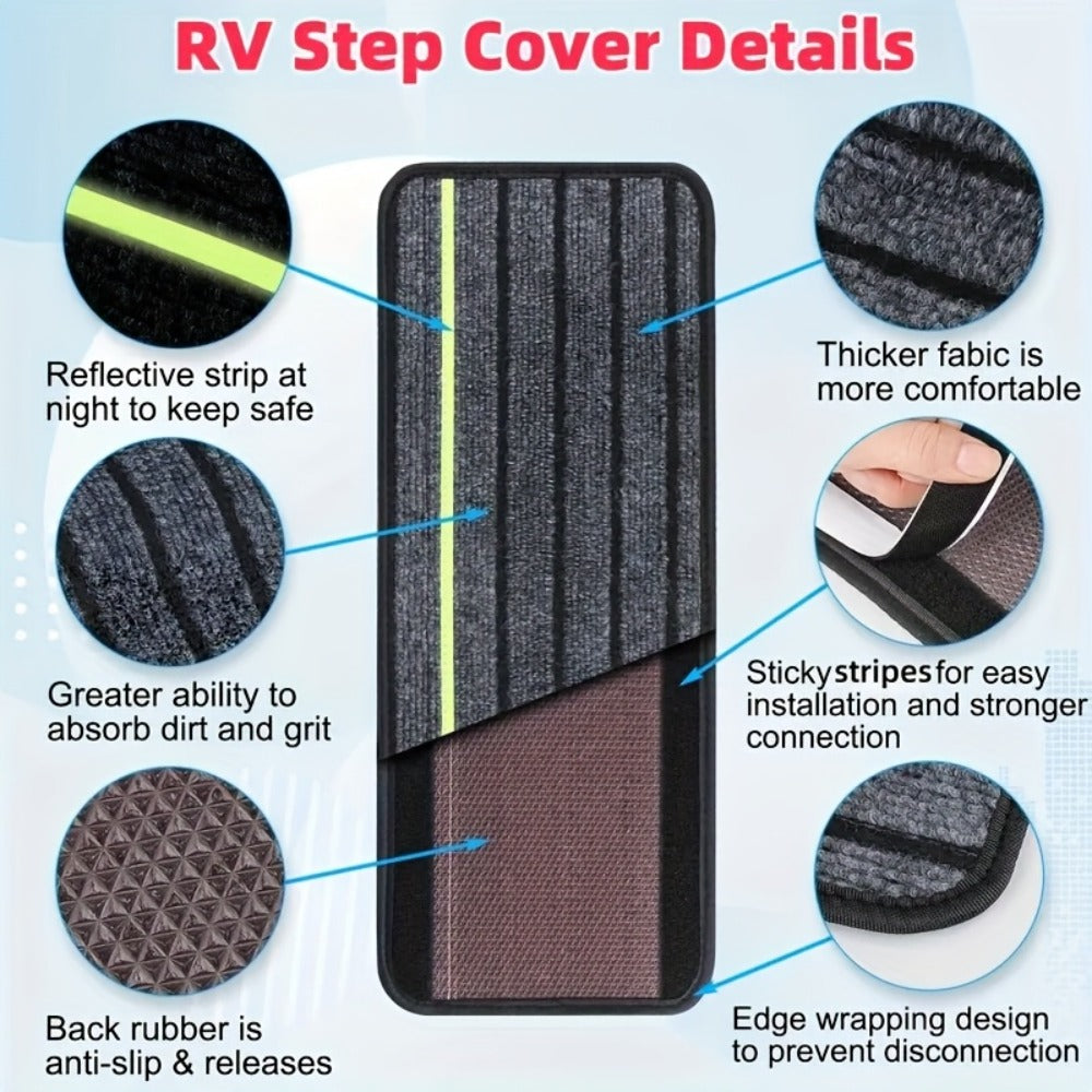 RV Step Covers Non-Slip Reflective – Durable Polyester Camping Rug Set for Travel Trailer, Motorhome & Outdoor Adventures, 2 