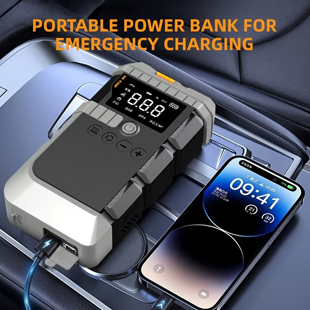 Jump Starter Power Bank 10000A 4-in-1 with 150 PSI Air Compressor LED Emergency Light USB Charging for Garden, Patio and Yard