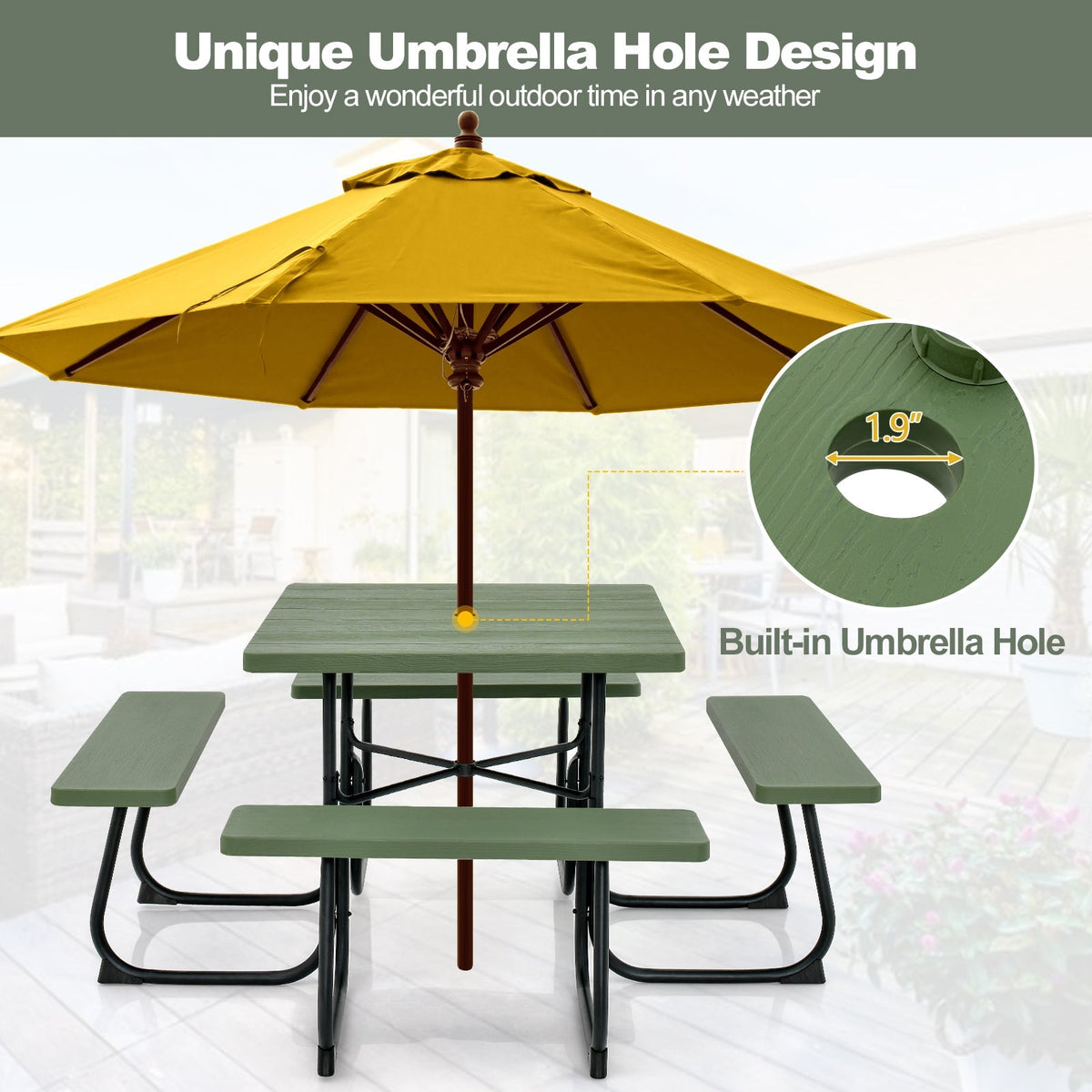 Outdoor Picnic Table 8-Person, Square HDPE Table with 4 Built-in Benches, Umbrella Hole, Metal Frame — image 15