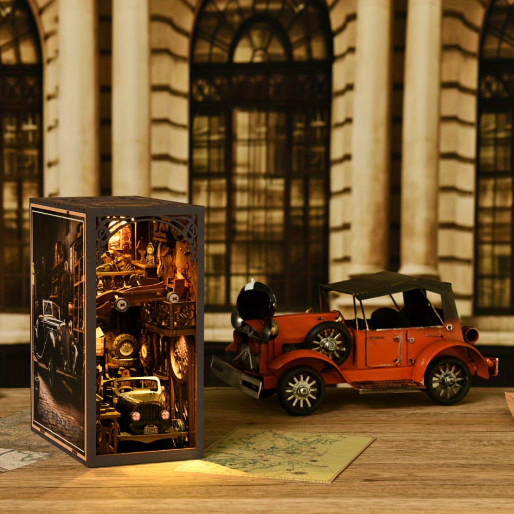 Car Players Book Nook Kit with 145-Piece Vintage Garage Scene, Warm Light and Clear Front Cover — image 3