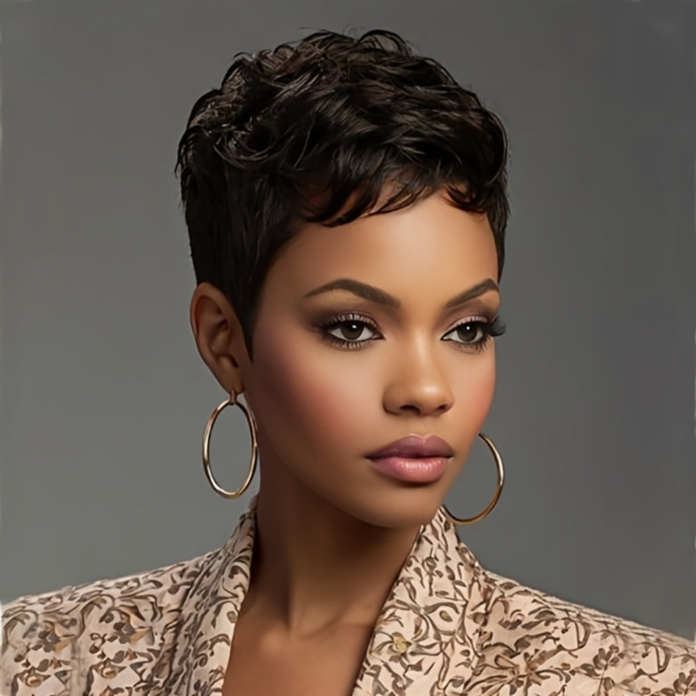 Layered Pixie Wig with Bangs Body Wave Rose Net Cap 4 Inch Synthetic Multi Color Black Burgundy Brown Red for Women Low Maint