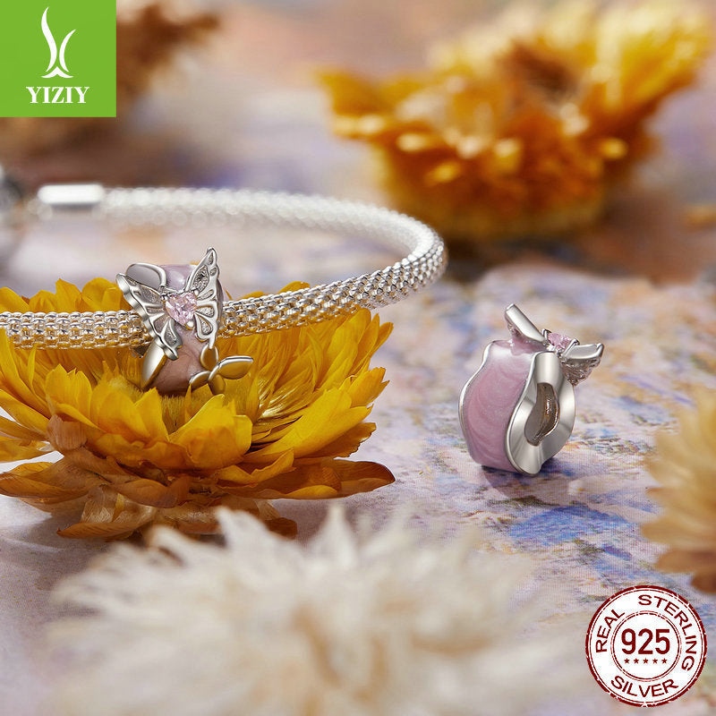 Silver Charm Pink Butterfly DIY Silicone Positioning Bracelet with Separated Beads Romantic Spring Day s925 Pure Silver Beads Loose Beads
