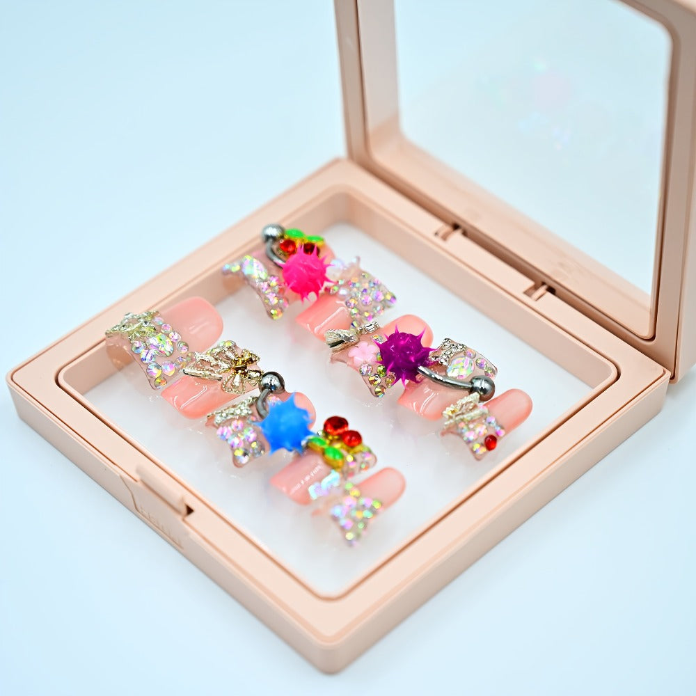 Press On Nails Handmade Y2K Duckbill Set with 3D Eye Barbell Star Rhinestone Charms and S M L Sizes — image 19