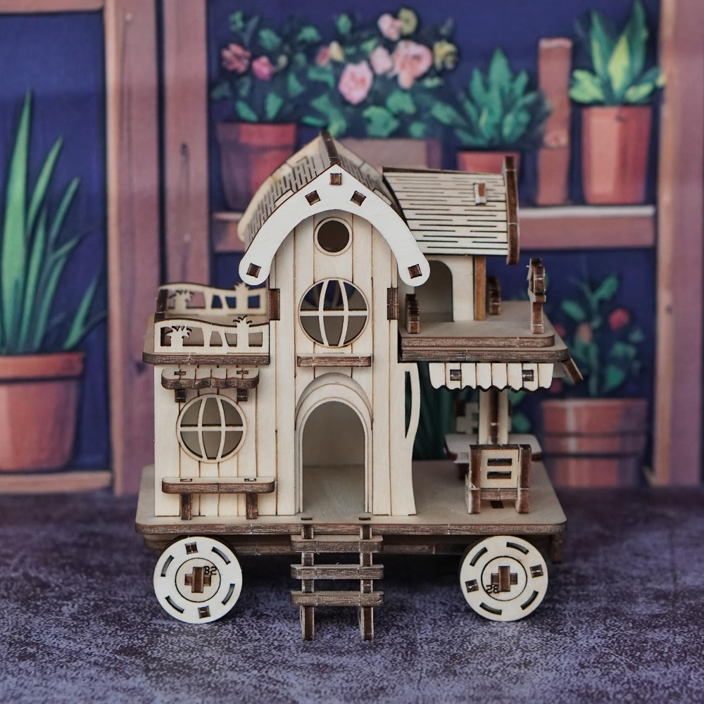 3D Wooden Puzzle Mobile Home on Wheels – DIY Café Bar Model Kit, Handcrafted Miniature House Assembly, Unique Desk Decoration