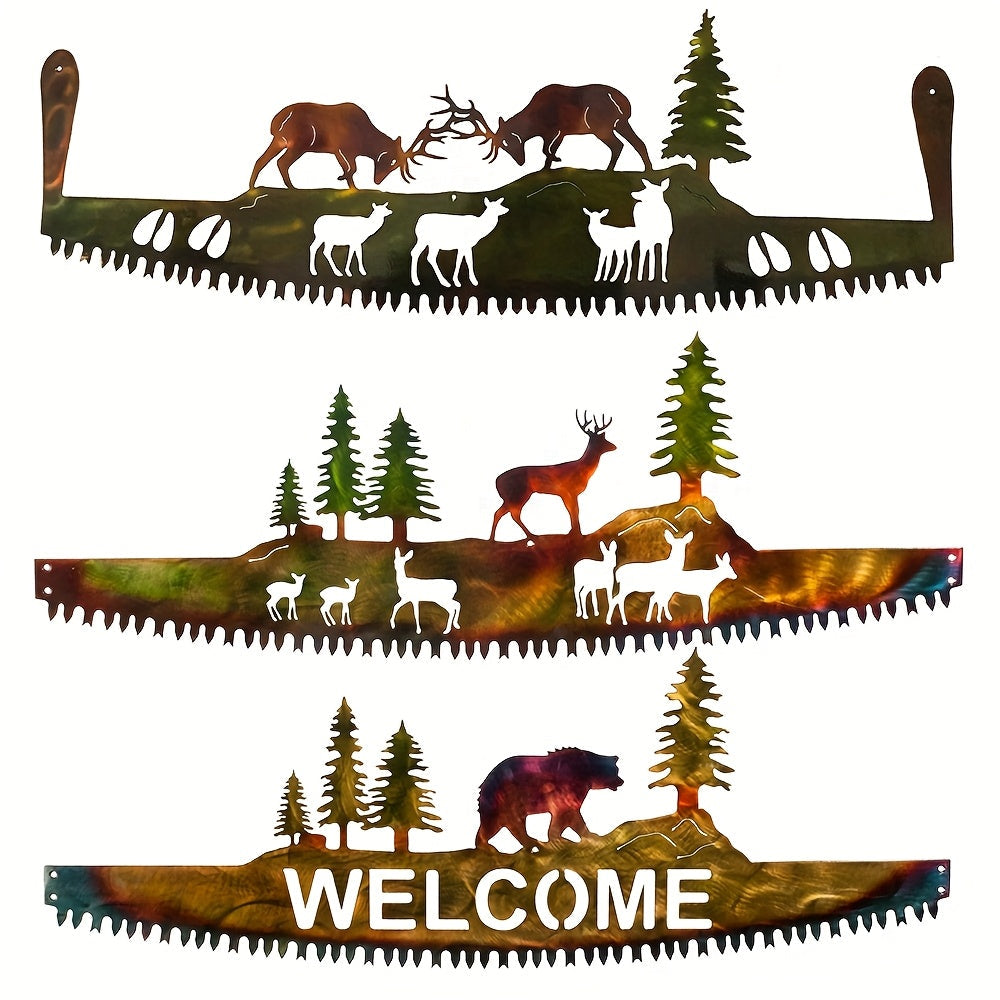 Wildlife Saw-Blade Metal Wall Art with Deer, Bear Welcome or Antler-Locking Deer Silhouette Options — image 2
