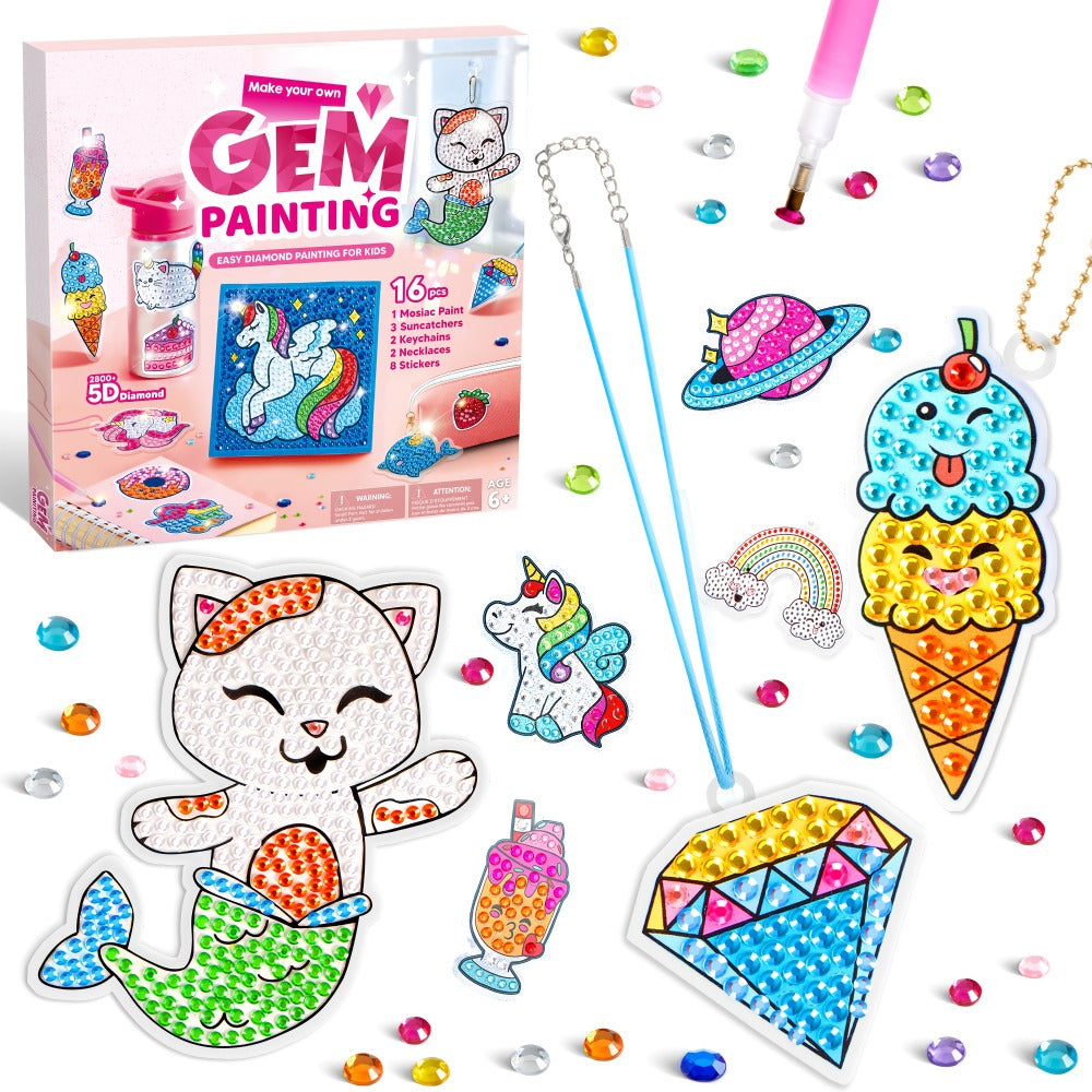 Diamond Gem Painting Kit for Girls Ages 6+ 16 Projects, 5D Gem Art Set with 2800+ Gems Unicorn Suncatchers Keychains Necklace
