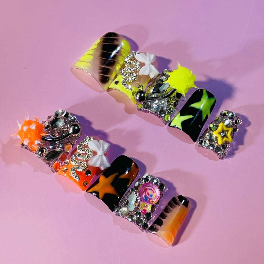 Press On Nails Handmade Y2K Duckbill Set with 3D Eye Barbell Star Rhinestone Charms and S M L Sizes — image 17