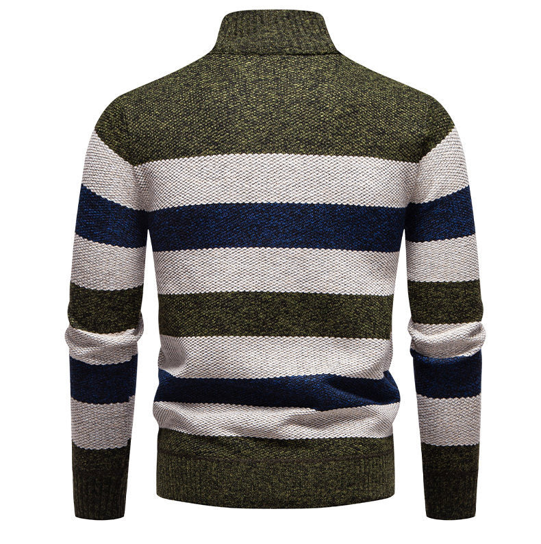 Mens Color-Block Stand-Up Collar Half-Zip Fleece-Lined Thermal Sweater