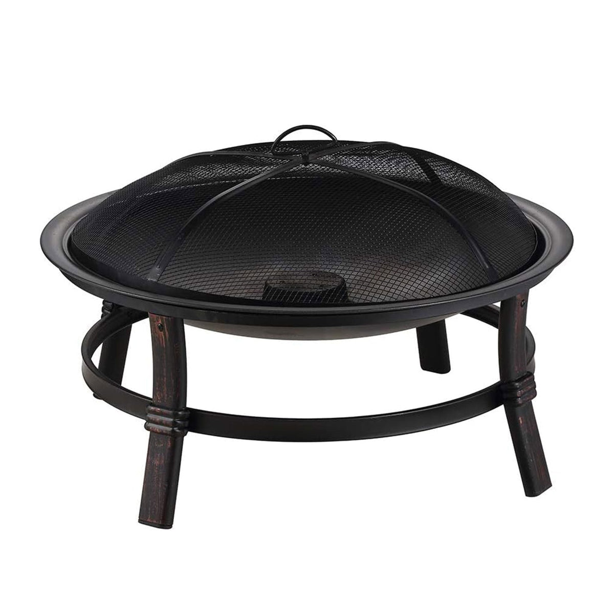29.3-Inch Round Fire Pit Bowl with Domed Mesh Cover, Four-Leg Stand and Long Poker in Black — image 5
