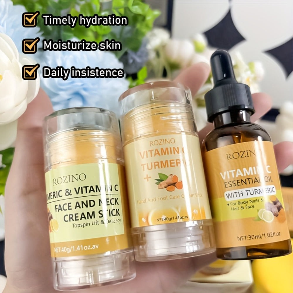 Skincare Set with ROZINO Label, 5 Turmeric and Vitamin C Cream and Serum Items for Face Hands and Feet — image 14
