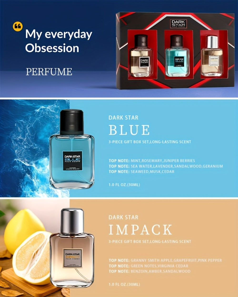 Men's Cologne Gift Set with Three 30ml Eau de Toilette Sprays in Blue, Amber and Clear Glass Bottles — image 5