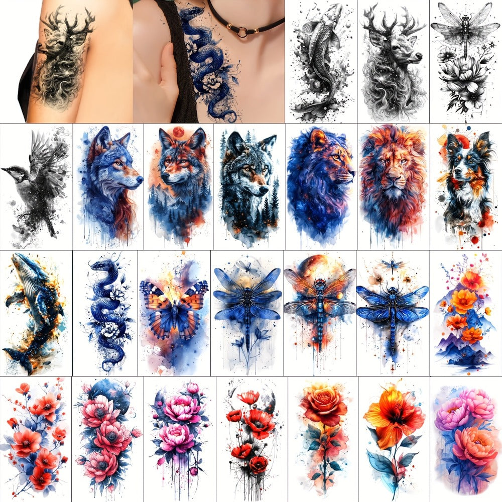 24-Sheet Watercolor Temporary Tattoo Set with Floral, Animal and Abstract Designs in 21 x 12 cm Format — image 2