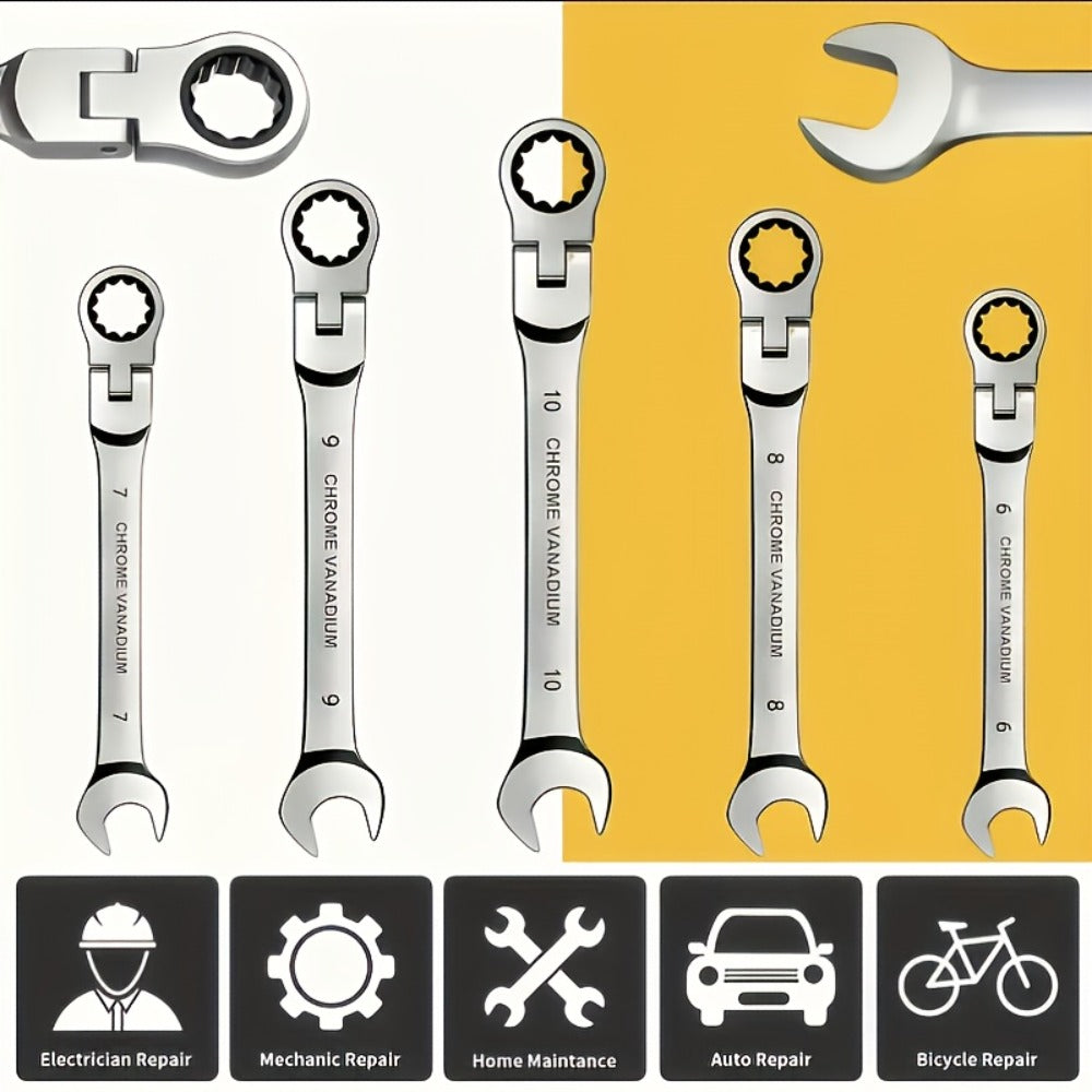 CR-V Flex Head Ratchet Wrench Set 5-Piece – 2-in-1 Reversible Open End & Hex Socket Dual-Purpose Kit | Automotive Engine Bay,