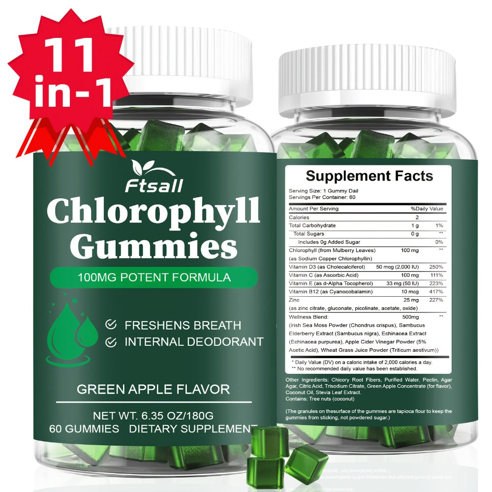 Chlorophyll Gummies 60 Count with Vitamin C D3 E B12 Zinc Irish Sea Moss Elderberry Echinacea & Apple Cider Vinegar — image 8