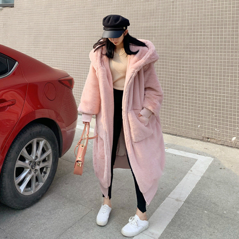 Loose Thick Warm Long Hooded Fur Coat Women Jacket
