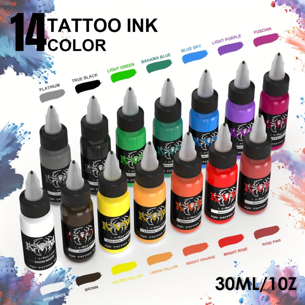 Tattoo Ink 7- or 14-Color Set with 1oz 30ml Bottles and Three Palette Configurations with Item-Specific Color, Capacity and B