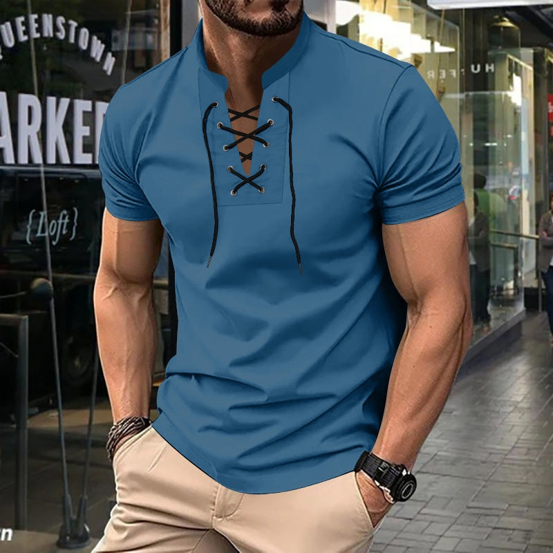 Men's Thin V-neck V-tie Casual Sporty Short Sleeve