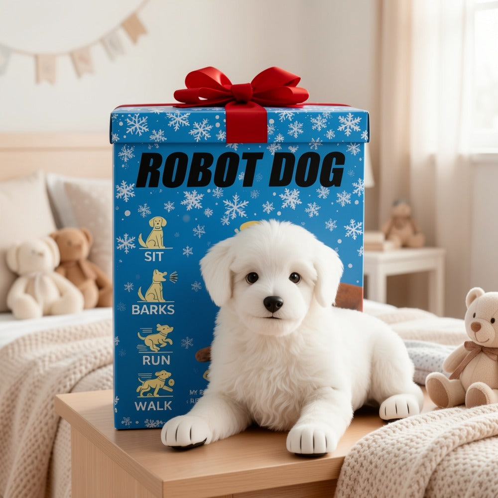 White Electronic Plush Robot Puppy Toy with Walking and Barking Box Icons in a White Gift-Box Option — image 6