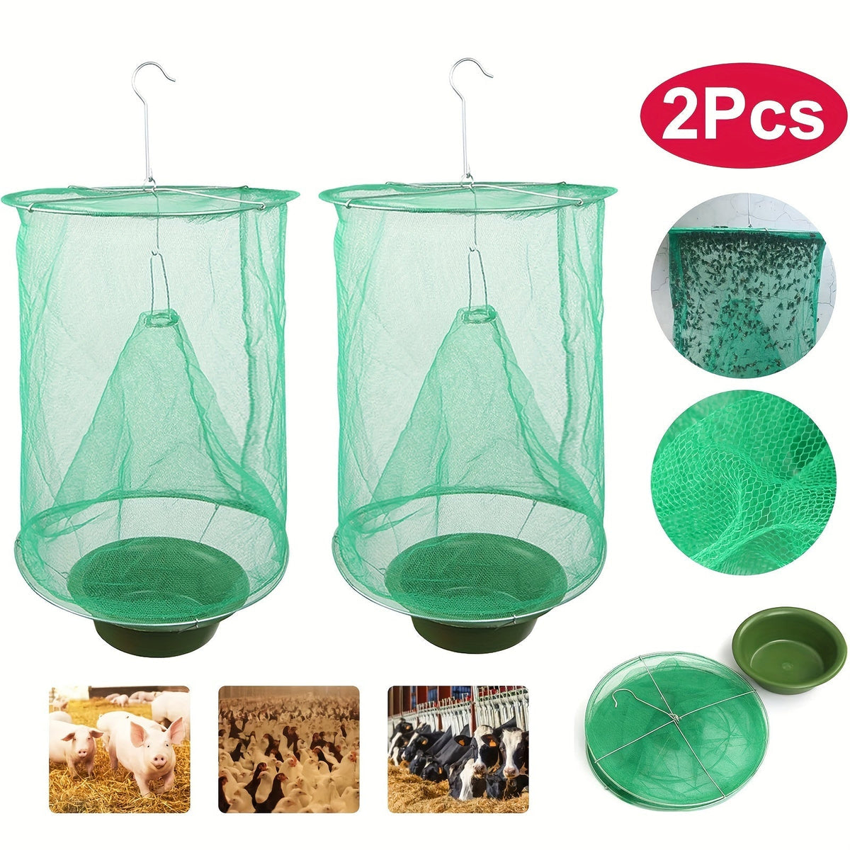 Green Hanging Mesh Fly Trap Cages with Removable Bait Bowls in Two-Pack or Four-Pack Options — image 1
