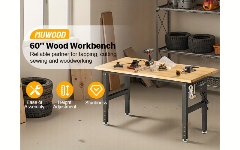 Adjustable 28–40-Inch Wood-Top Workbench in 60- or 96-Inch Widths with Pegboard, Wheels and Power Strip — image 11