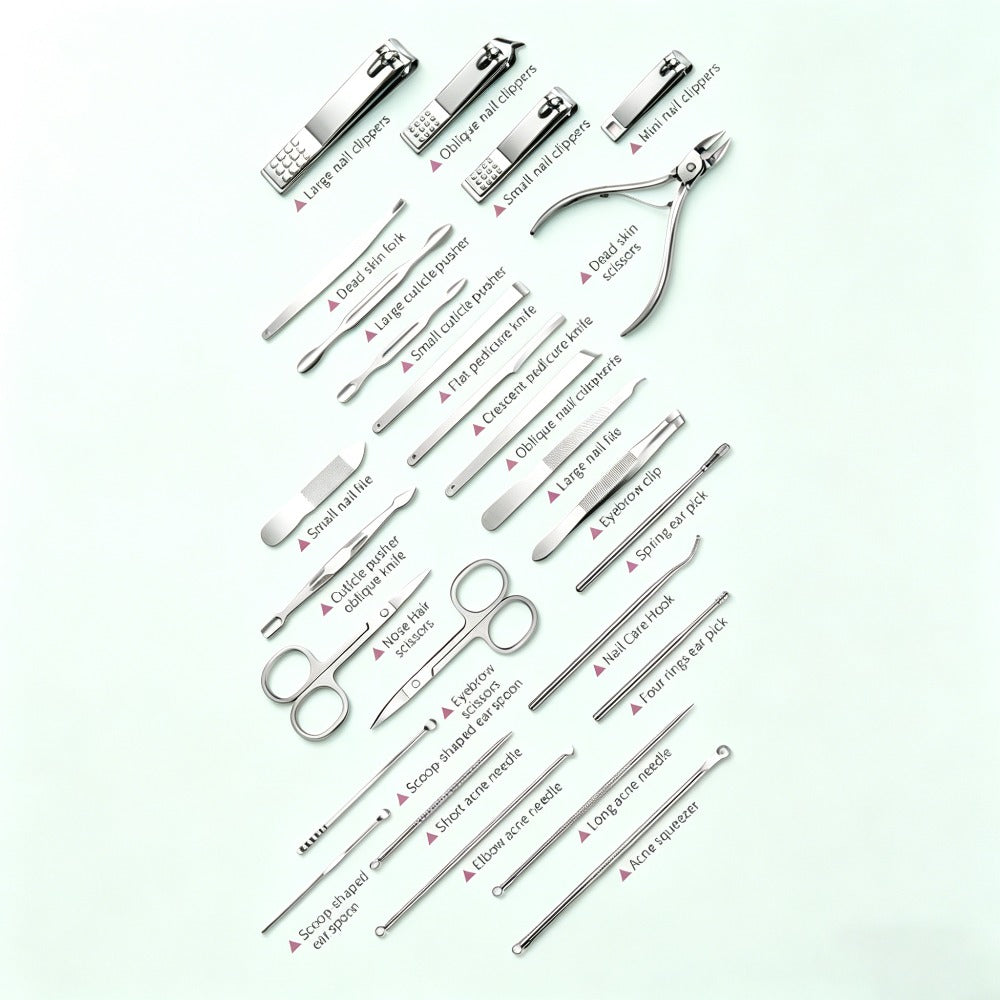 Manicure Pedicure Set 26pcs Pink Stainless Steel – Precision Nail Clippers Cuticle Nipper & Dead Skin Scissors 45° Blade Prof