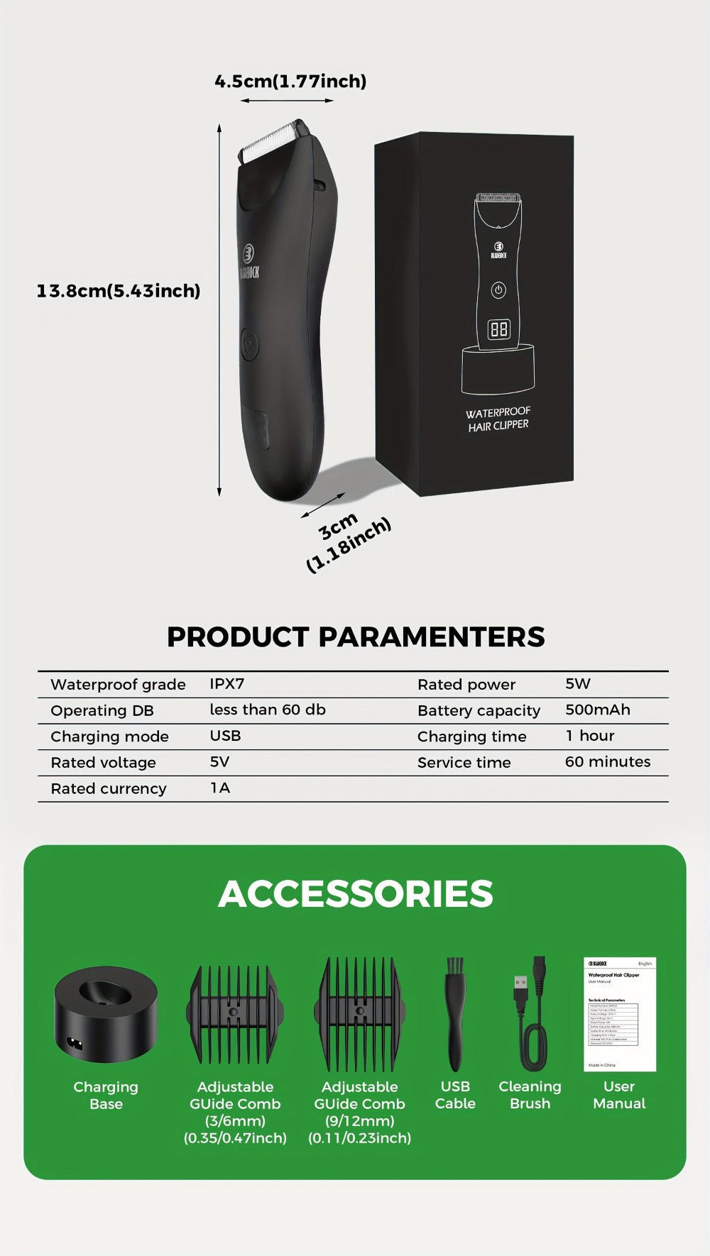 Manscaping Trimmer for Men IPX7 Waterproof Electric Groin and Ball Trimmer Ceramic Blades LCD Battery Display Replaceable Hea