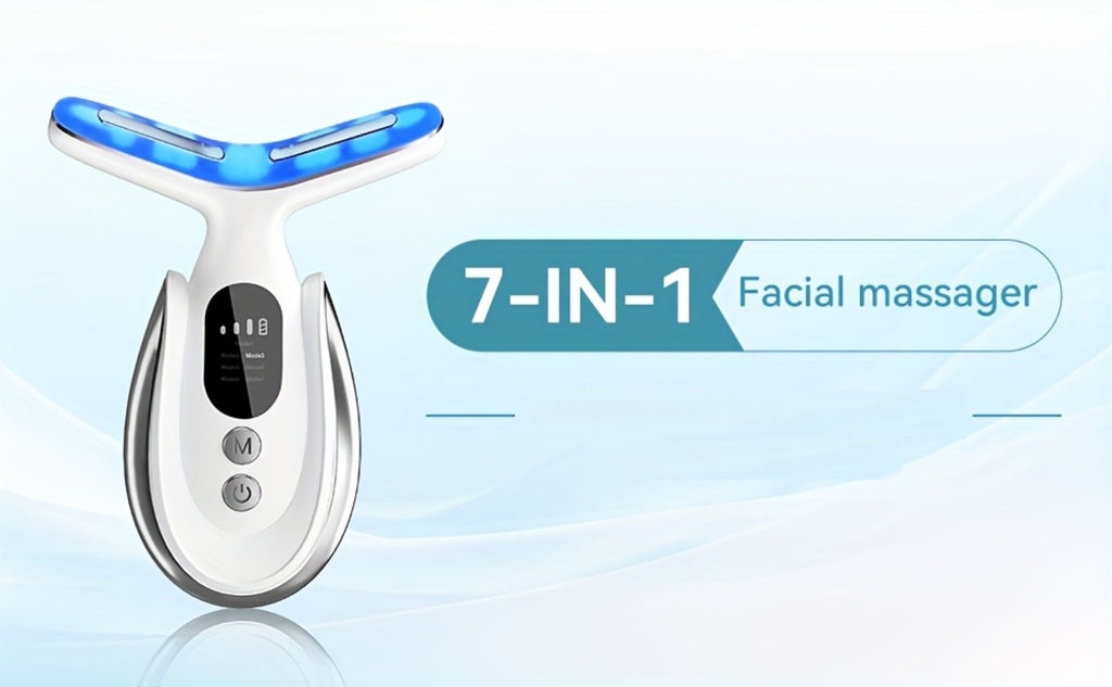 Face & Neck Massager 7-in-1 LED Light Therapy USB Rechargeable - Multifunctional Facial Lifting Wrinkle for Home or Salon Spa