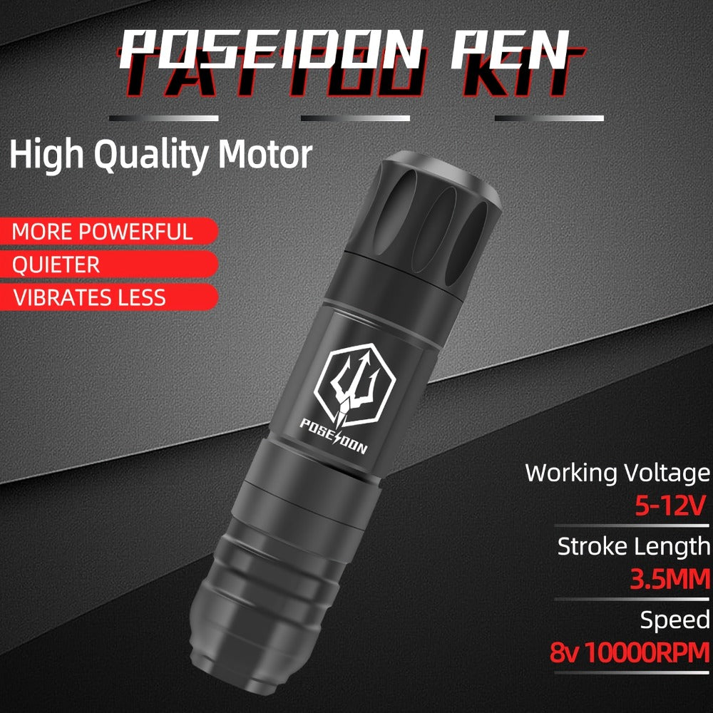 Tattoo Machine Kit POSEIDON TK035 Wireless Rotary Pen with LCD, 1500mAh Battery, 20 Cartridges and Practice Supplies — image 