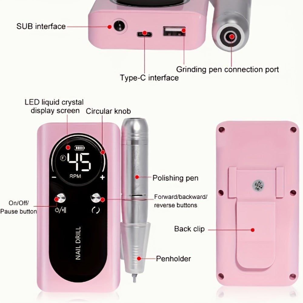 Electric Nail Drill 45000 RPM Cordless Kit with LCD Display and V2 Pink, White or Purple Options — image 11