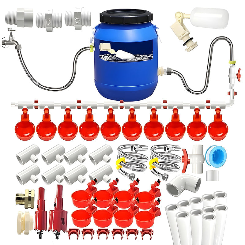 Automatic Poultry Watering System Kit with 10 Red Cups, PVC Pipe Fittings, Regulator and Hose Connections — image 1