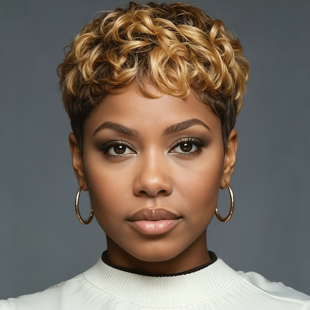 Synthetic Wig 4-Inch Mixed Blonde Curly Pixie with Bangs and Rose Net Cap with Item-Specific Color, Length, Texture and Cap C