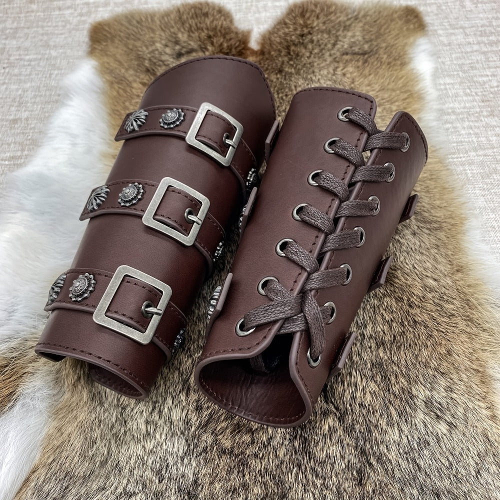 Viking Medieval Leather Arm Guards Bracers – PU Leather Knight Gauntlets Adjustable Metal Buckles Rivets for Men Women Hallow