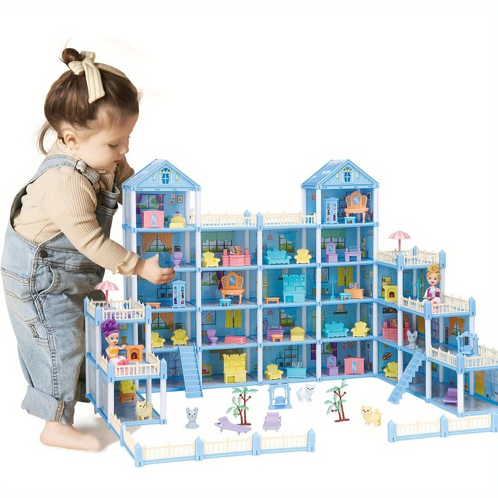Princess Doll House Castle with Furniture & Accessories, Pink or Blue Mini Villa Playset 14 to 27 Rooms — image 7
