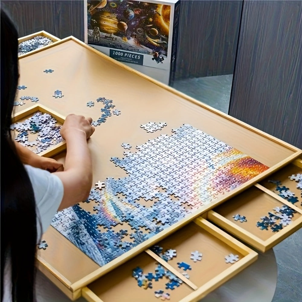 Foldable Puzzle Board Table with Legs – 29.9"x22" Elevated Wooden Jigsaw Desk, 4 Sorting Drawers, Back-Saving Ergonomic Desig
