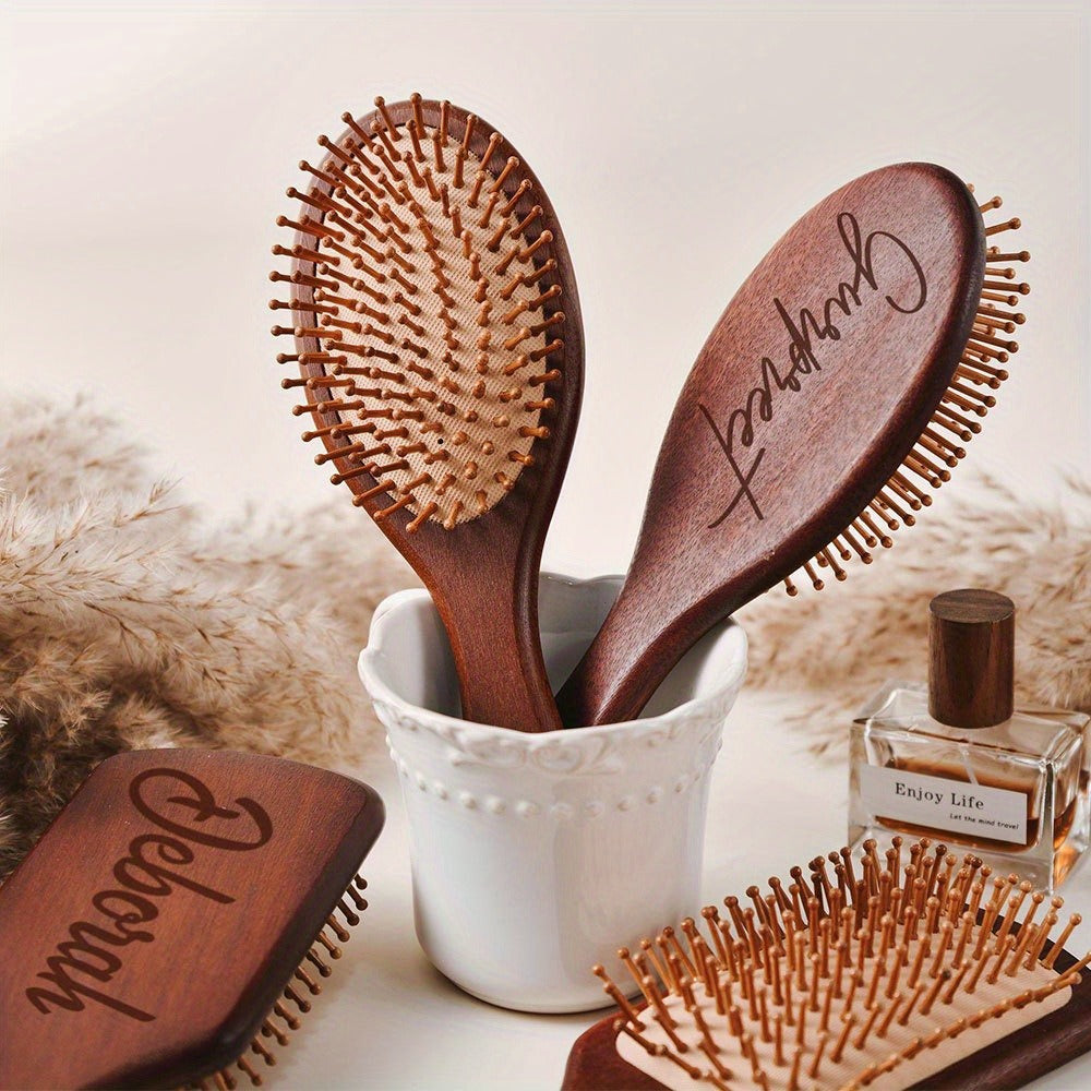 Personalized Engraved Wooden Hairbrush Custom Curly Styling Brush Square Oval Shape Gift, for Home, Travel and Salon Hair Sty