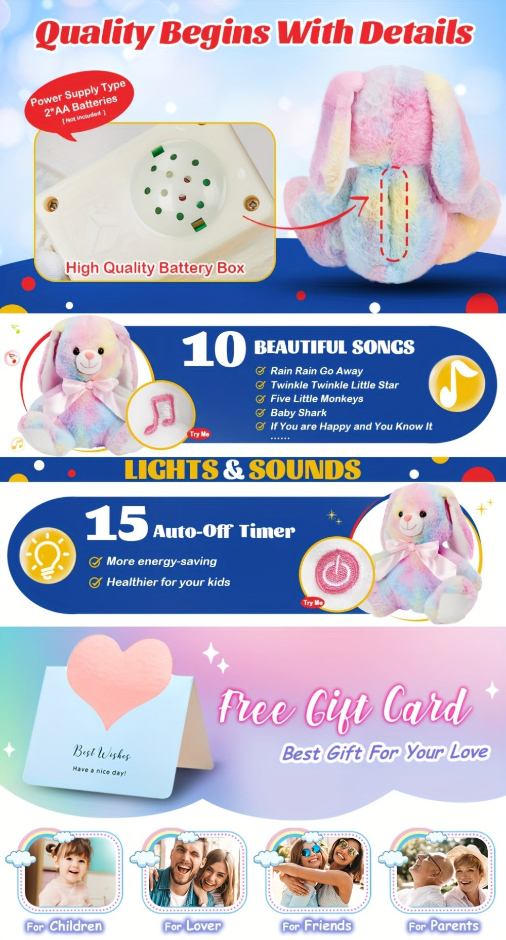 Musical Glowing Bunny Plush Toy 10 Inch, Rainbow Lop Ear Rabbit Stuffed Animal with LED Night Light & Lullaby Music for Toddl