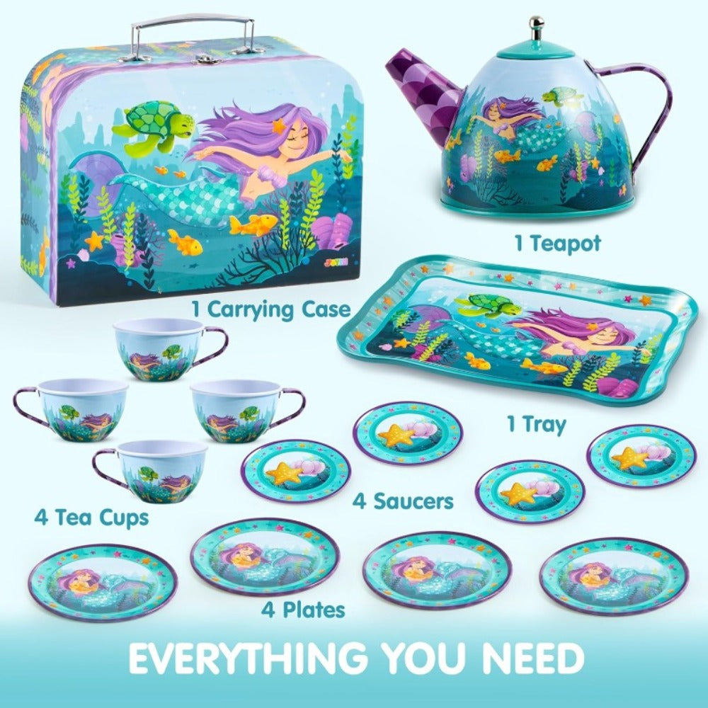 Mermaid Tea Party Set for Girls 21pcs, Tin Teapot, 4 Cups, Saucers, Plates & Carrying Case, Pretend Play Kitchen Toy for Todd