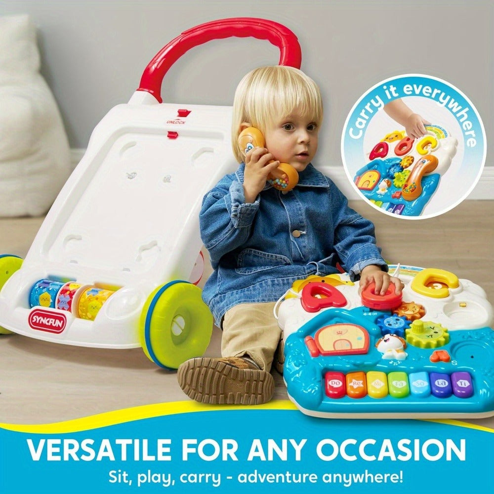 Sit to Stand Baby Push Walker 2-in-1 Adjustable Speed Learning Walker Detachable Play Panel 7-Mode Piano Light-Up Buttons Sou