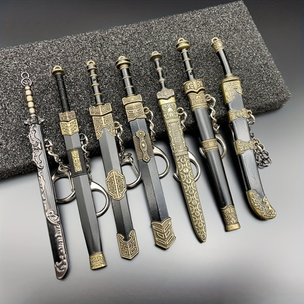 Seven-Piece Miniature Metal Sword Replica Set with Sheaths, Keychains and Ancient-Inspired Display Designs — image 2