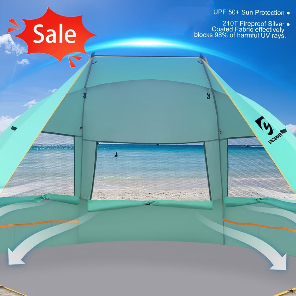 Three-Window Beach Sun Shelter with Extended Floor, 12 Stakes and Green or Blue Options Pictured — image 2