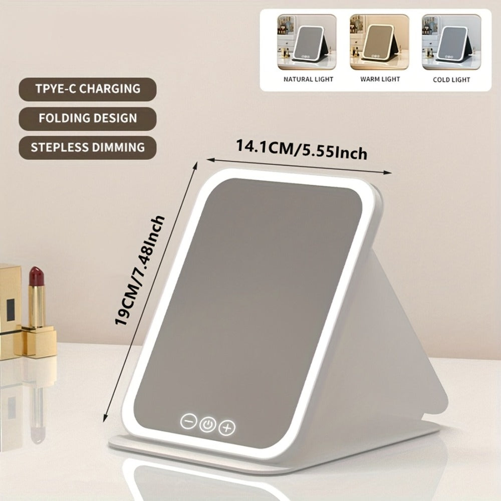 Makeup Mirror Foldable LED Travel Stand with Three Light Colors, Touch Dimming, USB Charging and Pink or White Options — imag