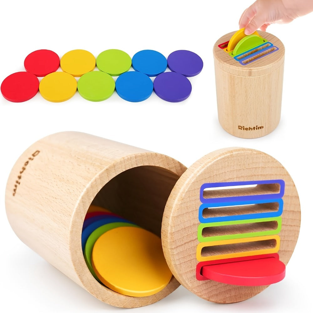 Wooden Color Sorting Coin Box Toy for Toddlers 1+, Montessori Educational Sensory Learning Toy with 10 Colorful Blocks & Stor